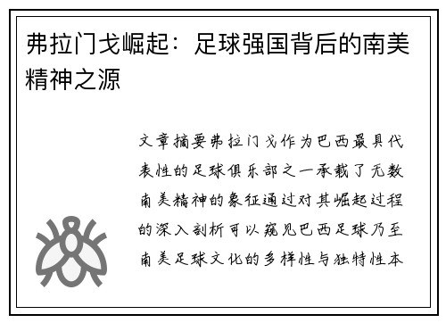 弗拉门戈崛起：足球强国背后的南美精神之源
